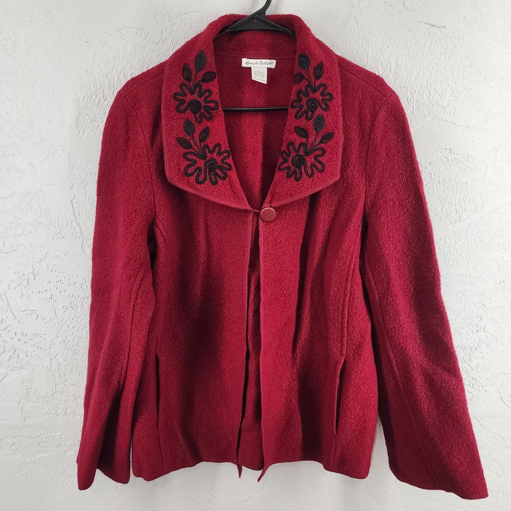 Alexandra Bartlett Red 100% Boiled Wool Embroidered Cardigan Jacket Womens Large